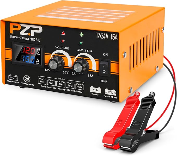 12V 24V Manual Battery Charger Maintainer, 0 to 15A Arbitrarily Adjustable Car Battery Trickle Charger, Battery Desulfator with Repair, Winter Mode, Suitable for AGM Gel Deep Cycle Truck RV ATV