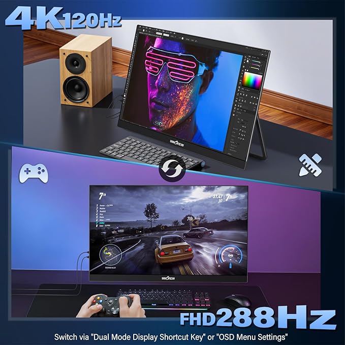 InnoView 27 Inch Monitor Dual Mode 4K UHD 120Hz/FHD 288Hz Portable Monitor for Laptop, USB-C, HDMI Computer Display HDR IPS Gaming Monitor, Kickstand, Speakers, for PC, MAC, Phone, PS4, Xbox, Switch
