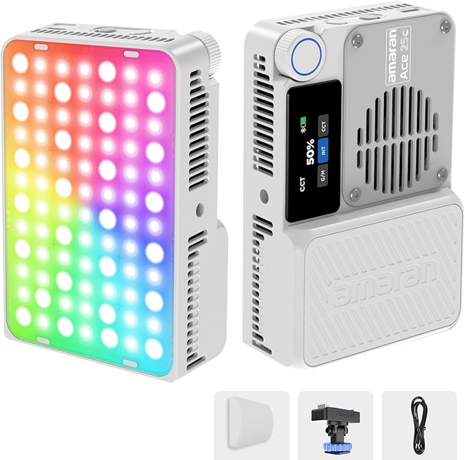Amaran Ace 25c Pocket RGBWW LED Light, Boost Mode Up to 32W, Full-Color Mini Video Light (2,300-10,000K), 1,171 Lux@1m at 5,600K, 4500mAh Battery with PD Fast Charging for Mobile Creators (White)