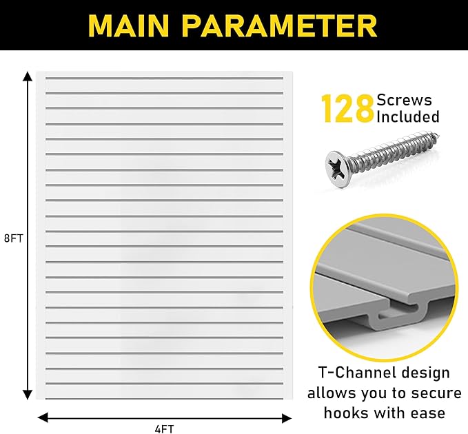 DLDIRECT 96" X 48" - White Slatwall Panel Garage Organizer: Heavy Duty Wall Mounted PVC Rack, Interlocking Slat Paneling for Garage Storage, Slotwall Board, Shelves System