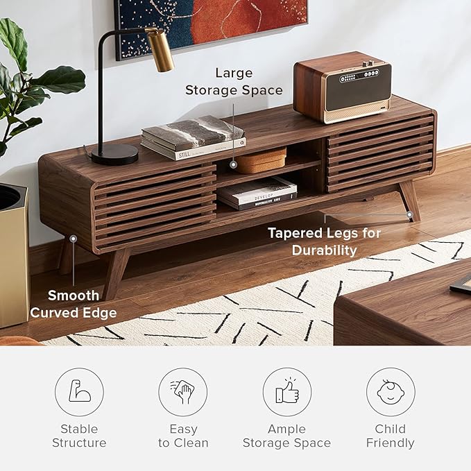 mopio Ensley TV Stand, Mid Century Modern for 55/60/65 inch TV, Farmhouse TV Stand, Entertainment Center with Storage, TV and Media Console for Living Room (Walnut, 59" Low)