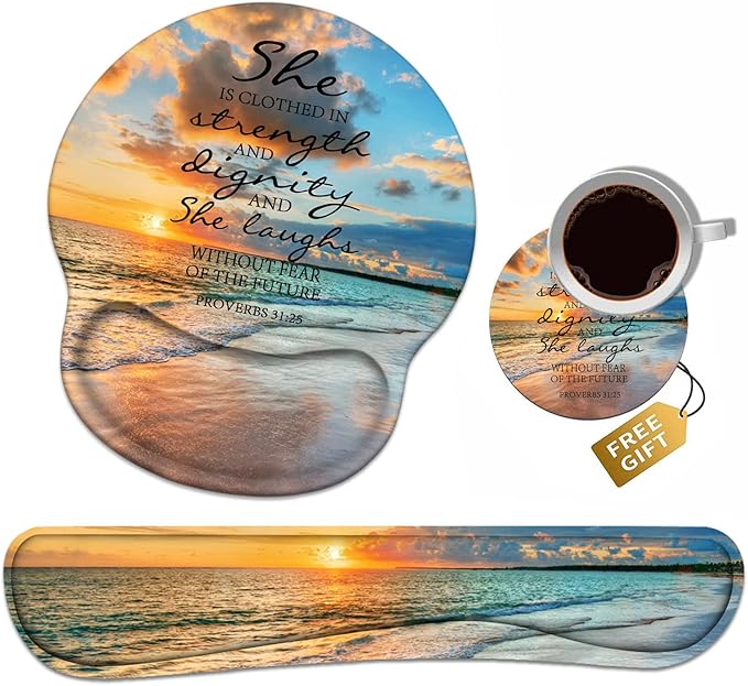 Keyboard Wrist Rest + Mouse Pad Wrist Support Set with Coasters, Non-Slip PU Base Ergonomic Mousepad for Home Office Working Studying Easy Typing & Pain Relief, Bible Verses Proverbs 31:25