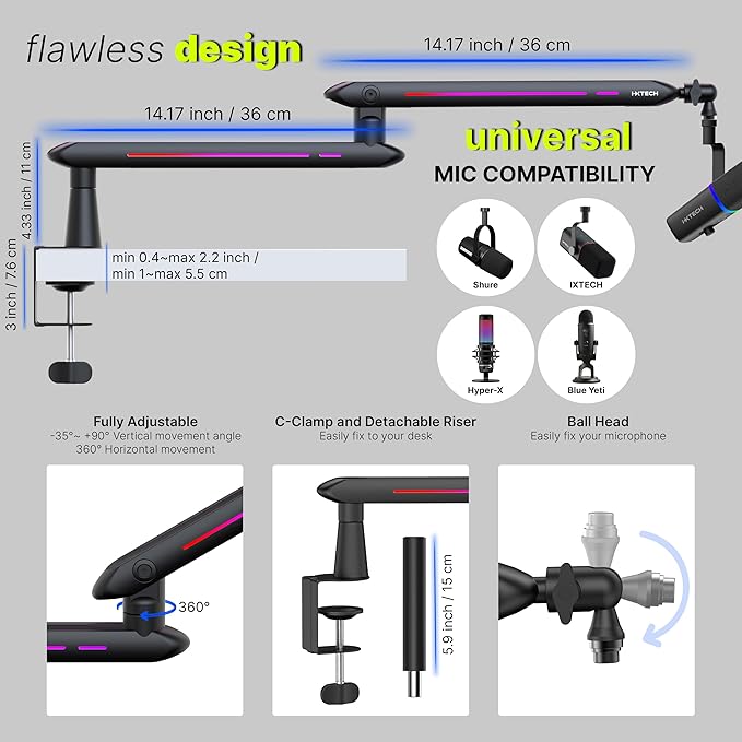 IXTECH RGB Low Profile Boom Arm for Mic, Adjustable Microphone Arm Stand with Desk Mount Clamp, Rotatable Microphone Boom Arm Mic Stand with Cable Management for Podcast Streaming Gaming Studio.