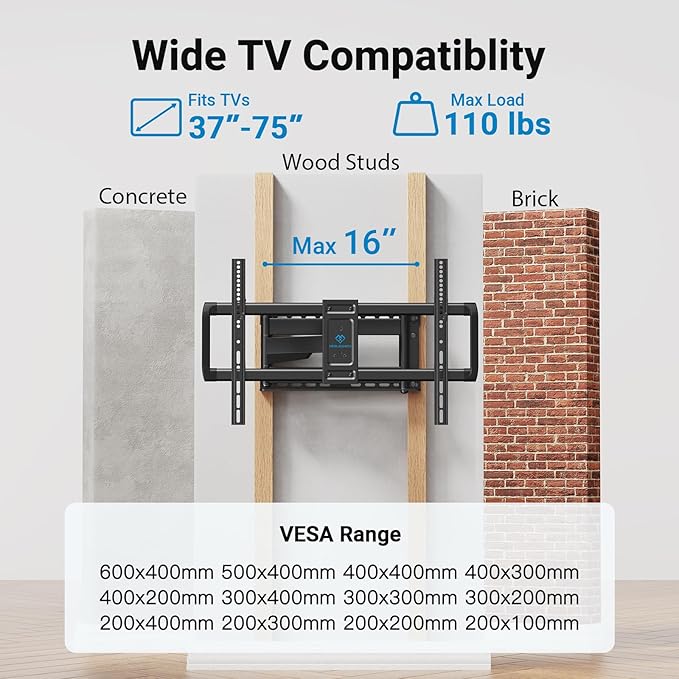 PERLESMITH Long Arm TV Wall Mount Full Motion for 37-75 inch TVs, Corner TV Mount Bracket with 27.36-inch Articulating Long Extension Arm, Swivel&Tilt, Max VESA 600x400mm up to 110lbs, 16" Wood Stud