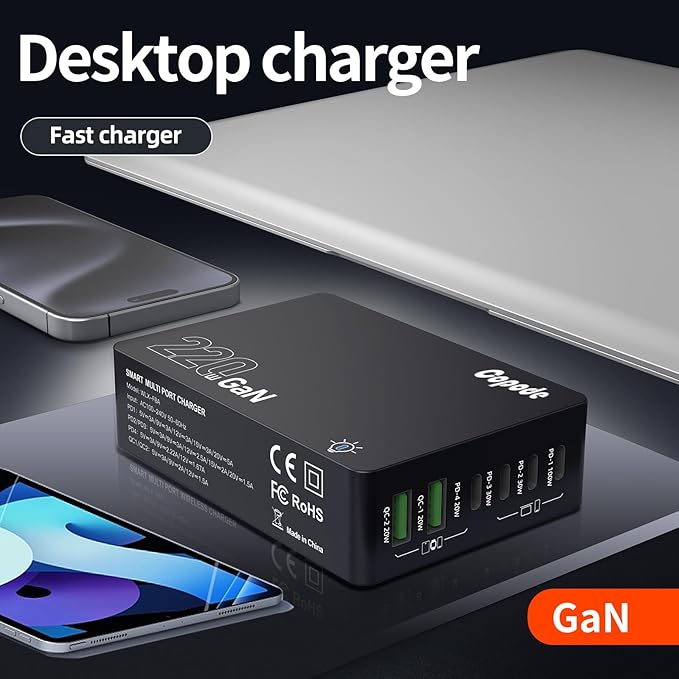 220W USB C Charger Block, 6-Port GaN USB C Charging Station PD 100W PC Laptop Fast Charger Adapter Compatible with iPhone 17, Galaxy 25, MacBook,ipad and More Devices(Black)