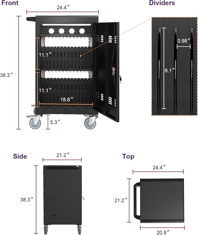 Thetilsy 35 Device Mobile Charging Station for Laptops/Tablets/iPads/Chromebooks,35 Bay Lockable Charging Cabinet with Power Strip for Classroom,School Charging Carts with Casters(Black)