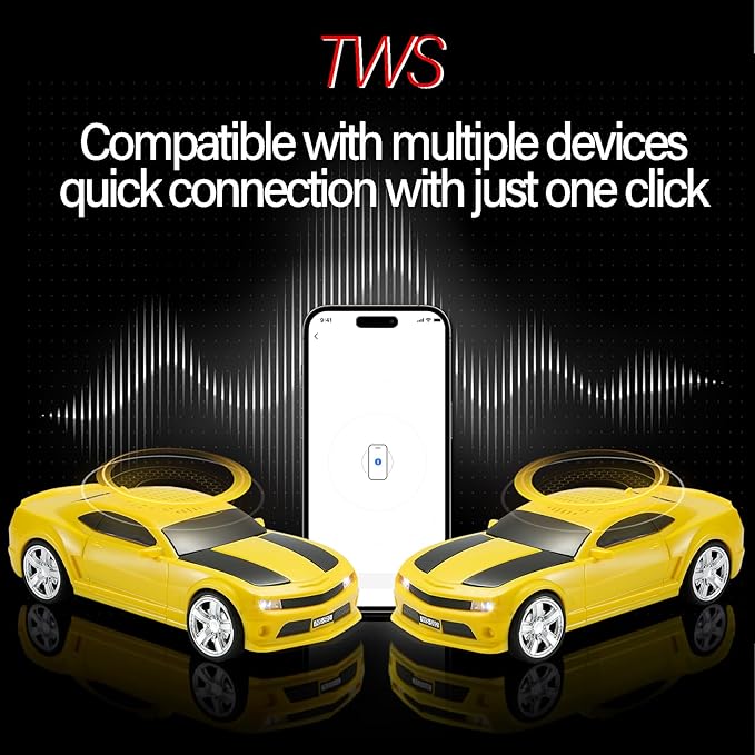 WSTER Sports Car Model Bluetooth Speaker with Stereo Sound, TWS Pairing, LED Party Lights, USB/TF Playback, Movable Wheels, Unique Retro Car Gifts (Yellow)
