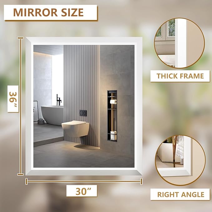SMIROR Matte White Bathroom Mirror for Over Sink, 36”x 30” Metal Thick Framed Rectangle Vanity Mirror for Wall, Right Angle Corner, Anti-Rust, Horizontally or Vertically Mounted