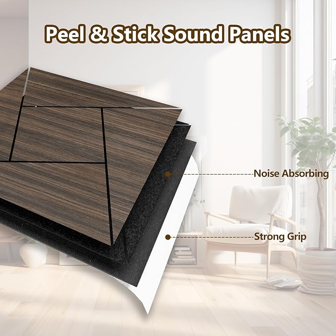 ARMURO 4 Packs Acoustic Wall Panels - Self-Adhesive 3D Wood Slat Wall Panel- Peel and Stick Sound Absorbing Panels for Noise Reducing - Feature Wall Decor for Home & Office