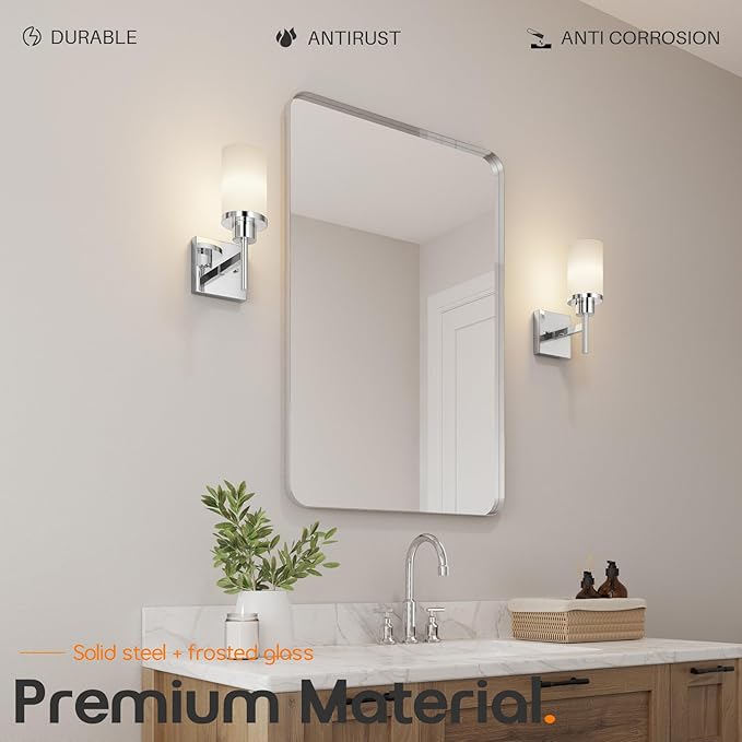 AONEON Vanity Lights Polished Chrome Bathroom Light Fixtures with White Frosted Glass Shade, Wall Sconces for Mirror Hallway Entrance, 2 Pack T001CH-L1-P2