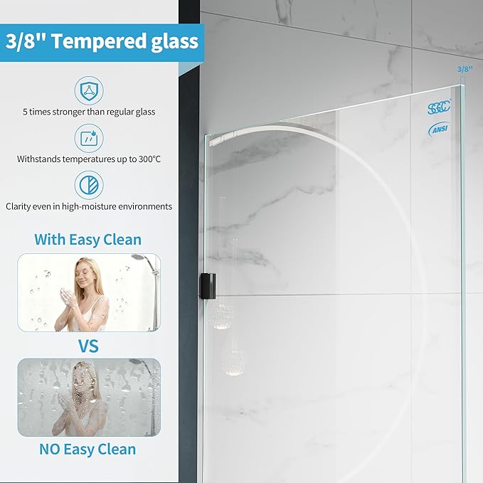 Shower Glass Panel, 36" W x 76" H Fixed Shower Screen Panel with 3/8"(10mm) SGCC Clear Tempered Glass, Frameless Walk in Shower Door for Bathroom (Matte Black, 36" W x 76" H)