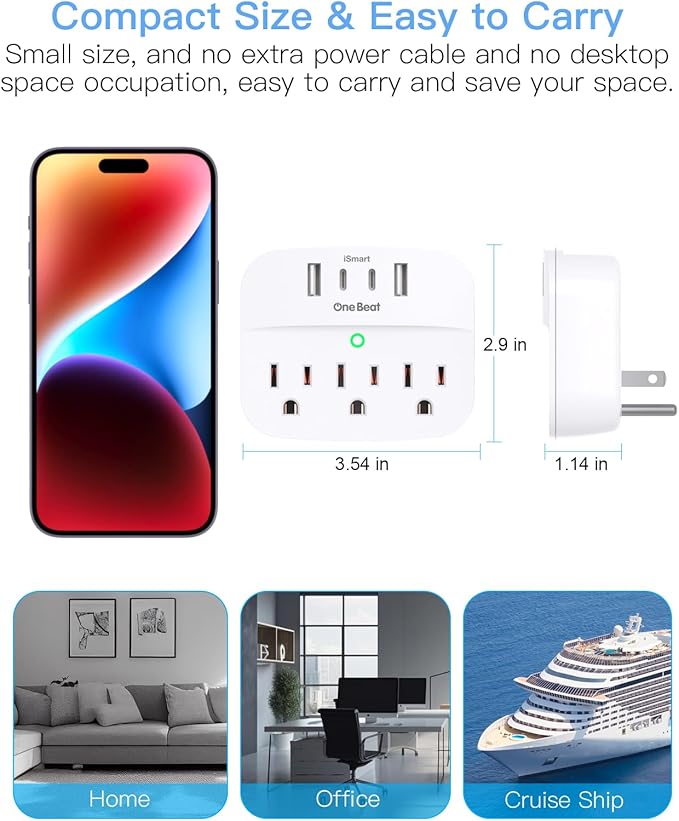 2 Pack Multi Plug Wall Outlet Splitter with USB, Non Surge Protector for Cruise Ship, Cruise Outlet with 3 Wall Outlets 4 USB Wall Charger(2 USB C), Small Travel Plug Adapter for Cruise,Travel,White