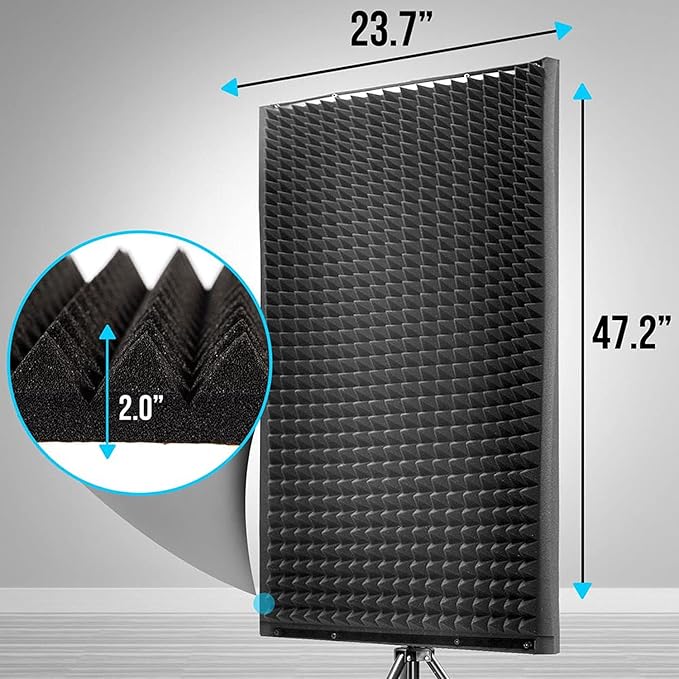 Pyle Microphone Isolation Panel with Height Adjustable Tripod Stand - High Density 2" Thick Foam Sound Dampening Wall - Foldable & Portable Mic Shield for Podcasts, Singing, Recording, Broadcasting