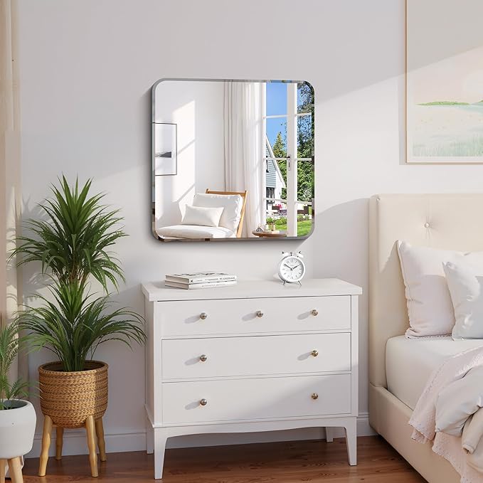 CILIBER Frameless Mirror, 24x24 Beveled Bathroom Mirrors for Over Sink, Square Frameless Wall Mirror Rounded Corner, Shatterproof Tempered Glass Lightweight Design for Bedroom Living Room Entryway