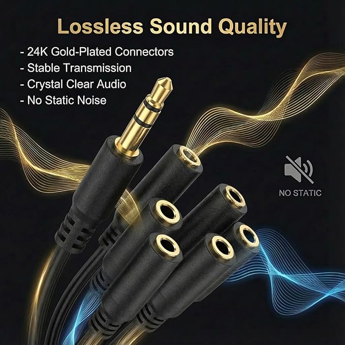 Xyembu 3.5mm Headphone Splitter, 1/8inch TRRS Male Stereo Jack to 6 Female, Headphone Headset Extender Cord, 3.5mm Splitter 1 to 6 Ways for Earphone, Headset, Laptop, Phone