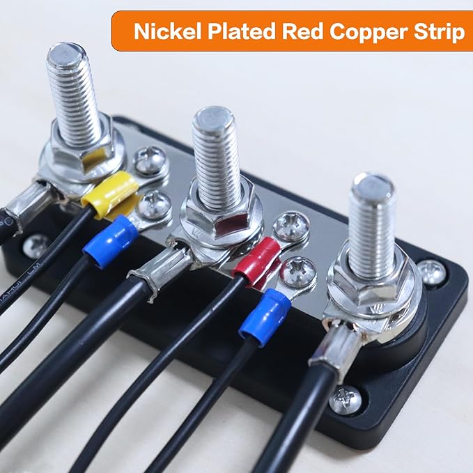 AMOMD 300A Bus Bars 3 Terminal Studs (3/8 inch) M10 4 8#-32 Screws Nickel Plated Copper Distribution Block Negative Electrical Buss Bars 12-48 V DC with Cover for Trailer Marine Boat Car RV (Black)