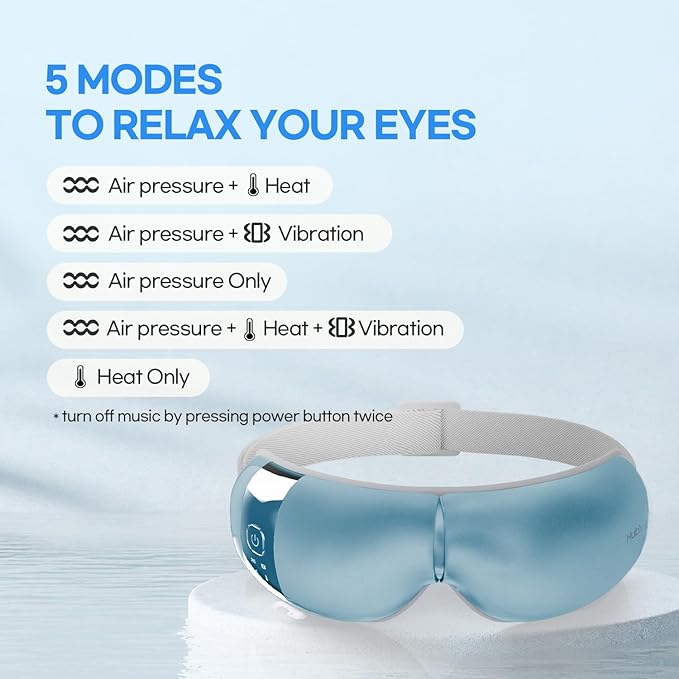 HuBDIC HubiCare Eye Massager with Heat, Vibration, and Music Helps Relieve Strain, Dark Circles, Dryness, and for Migraine Relief Relaxation and Better Sleep Gifts for Women/Men (Ice Blue)