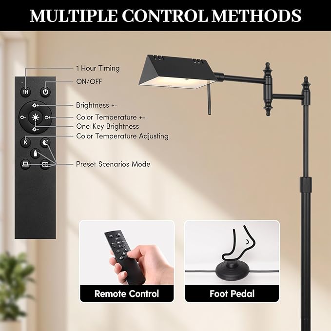Bairth Dimmable Pharmacy Floor Lamp with Remote, 17W LED Reading Floor Lamp with 360°Swing Arm, 3 Color Temperature, Height Adjustable Black Standing Task Lamp for Living Room, Bedroom, Black