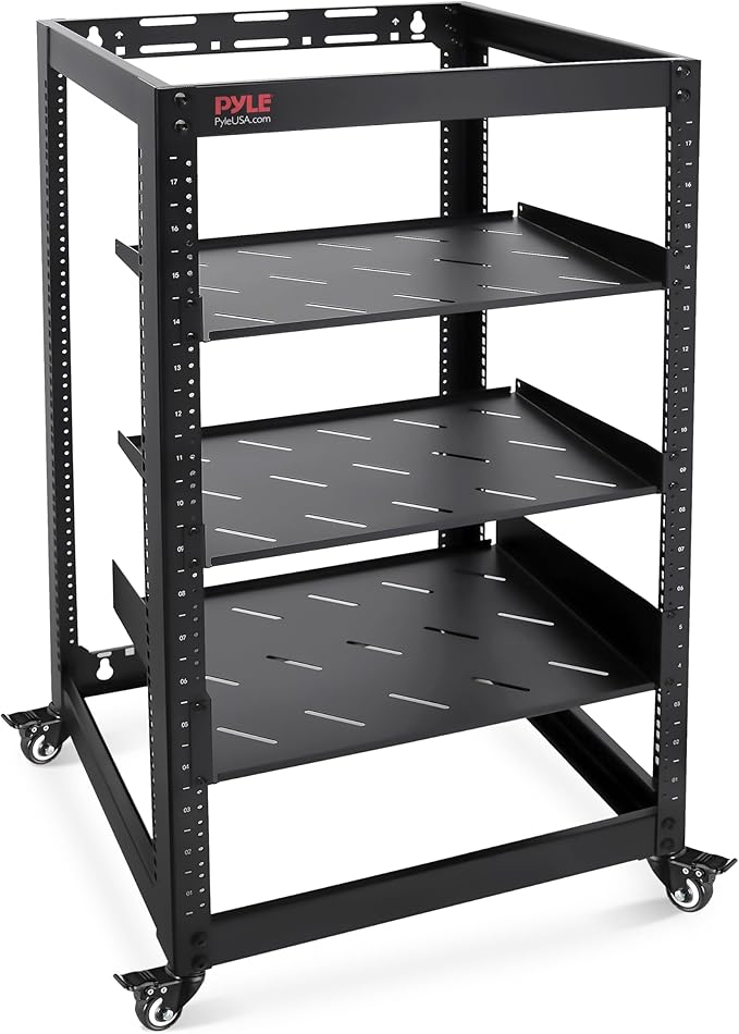 Pyle 20U Open Frame Server Rack - Wall Mount Network Rack for Servers, Networking & AV Gear - Heavy-Duty 19" Equipment, Includes 1U & 2U Vented Shelves for Airflow, Lockable Wheels - 440 lbs Capacity