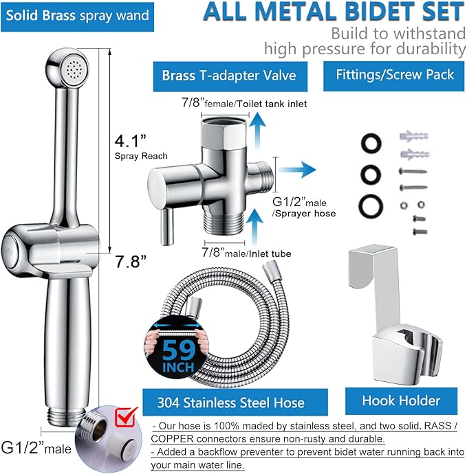 Handheld Bidet Sprayer for Toilet, Hand Held Bidet Attachment, Cloth Diaper Toilet Sprayer Brass 7.9" Bidet Wand, Adjustable Water Jet Spray for Toilet with Backflow Preventer, Chrome