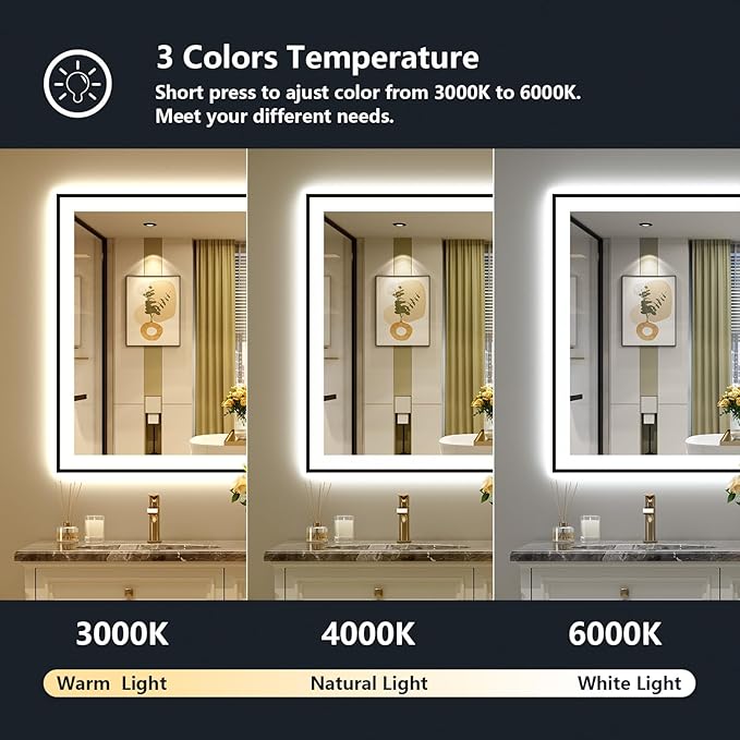 YEELAIT 51x40 Inch LED Bathroom Mirror with Lights (Front Lit and Backlit) Black Framed Lighted Vanity Mirror for Bathroom Wall Dimmable Anti-Fog Memory Tempered Glass Horizontal/Vertical