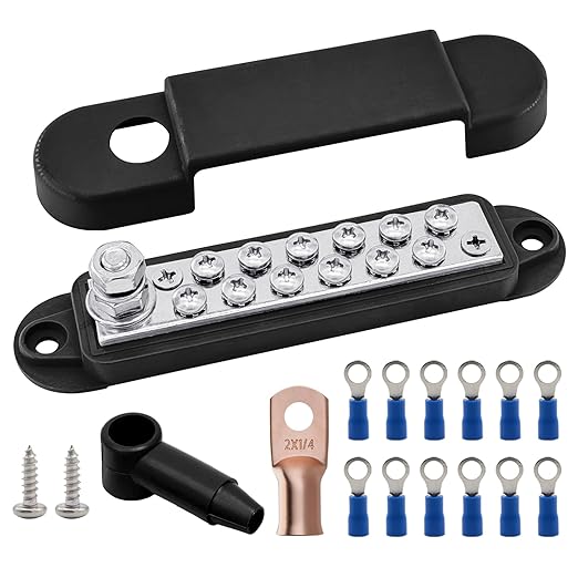 1/4" Stud Power Distribution Block Bus Bar with 12 x #8 Screws, Ampper 5.3" 12V 150A Marine BusBar Battery Distribution Block Kit W/Cover for Car Boat Solar (Black)