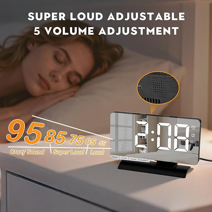 SZELAM Digital Clock,Alarm Clock Bedside,7.3'' Large LED Mirror with Date Display,Dual Alarm with 3 Mode,Brightnee Adjust,DST,Snooze Function,USB C Charging Port,5 Levels Volume for Desk Bedroom Teens