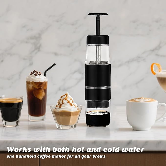 PIQUEBAR Portable Coffee Maker for Ground Coffee & Capsules, Small Espresso Machine Manual French Press Coffee Maker for Travel, Camping