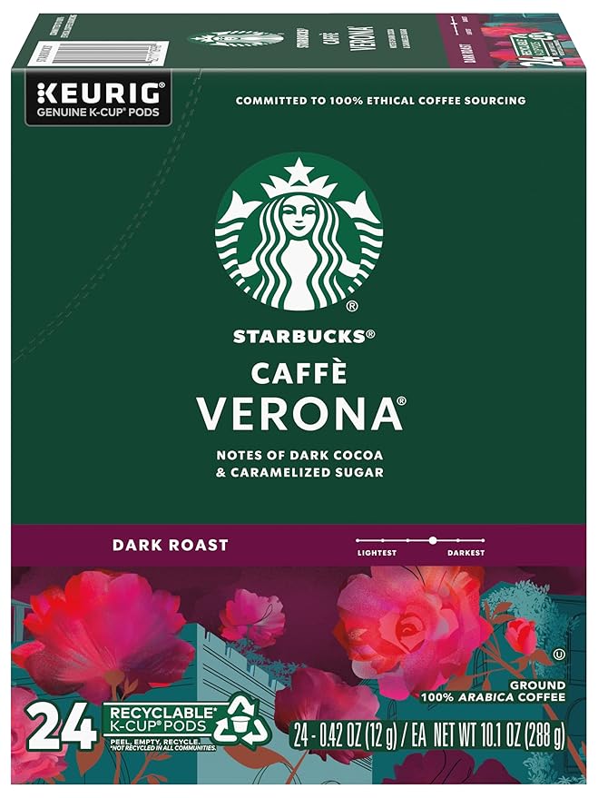 Starbucks Coffee K-Cup Pods, Caffè Verona, Dark Roast Coffee, Notes of Dark Cocoa & Caramelized Sugar, Keurig Genuine K-Cup Pods, 24 CT K-Cups/Box (Pack of 2 Boxes)