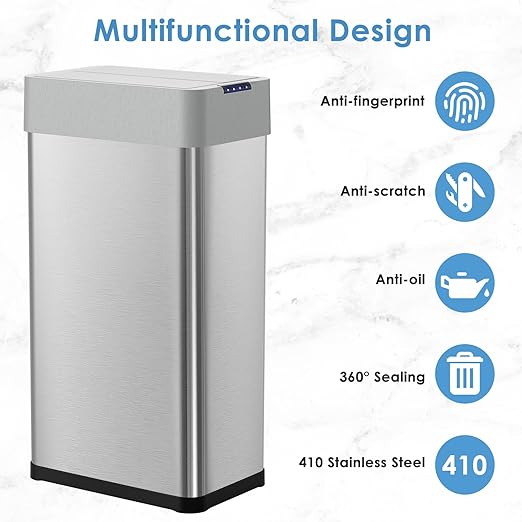 Arlopu 18.5 Gal Automatic Trash Can, 70L Stainless Steel Motion Sensor Garbage Bin, Touchless Brushed Wastebasket, W/Butterfly, Soft-Close Lid, for Living, Dinning Room, Kitchen (Silver)