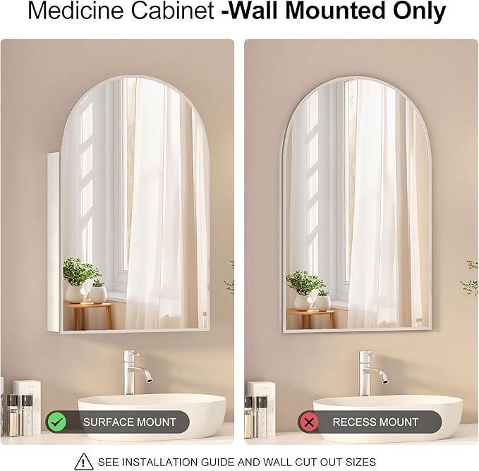 Arched Medicine Cabinet with Mirror,Brushed Nickel Mirror Cabinet with Storage,Adjustable Shelves, Wall Mounted Only, Modern Bathroom Storage,20x32 Inch