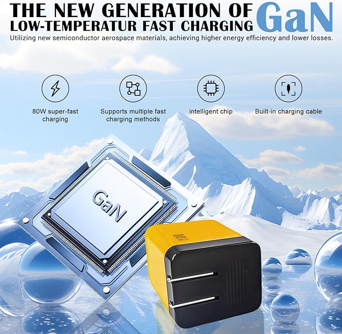 80W GaN Fast Charger with Retractable USB-C Cable 3-in-1 Wall Charger Block with Built-in Type-C Cord & 2 USB Ports, PD 3.0 & QC 4.0 Fast Charging for iPhone 15/16/17, Samsung Galaxy, Pixel, iPad G