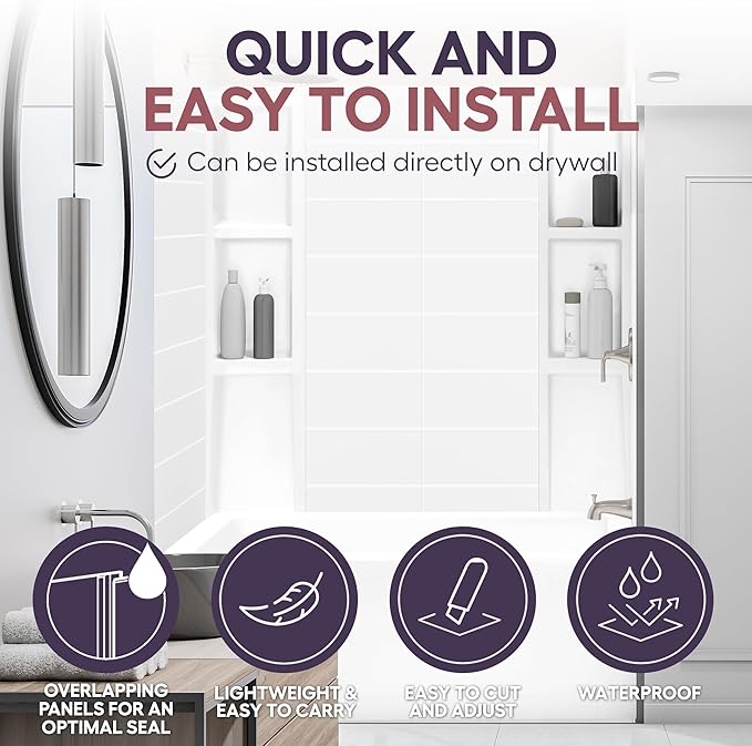 White Acrylic Tub Wall Surround 32"x 60"x 58" - Waterproof, Easy-to-Install, Two Shelf Units Kit Included - Bathtub Wall Surround Panels - Stacked Tiles Pattern, Classic Shelves - Noah William Home
