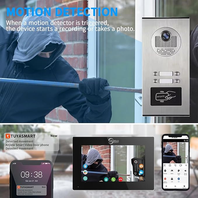 Wired Apartment Video Intercom System,1080P HD Video Doorbell, Compatible with 4 Units 7-inch Touchscreen,Supports Motion Detection,Two-Way Audio,Tuya Smart Home