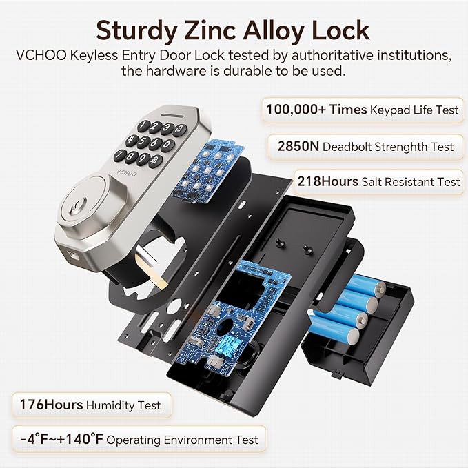 VCHOO Keyless Entry Door Lock Set Smart Locks for Front Keypad Door Lock with Handle Automatic Lock One Time Password Anti Peeping Password IP54, Satin Nickel
