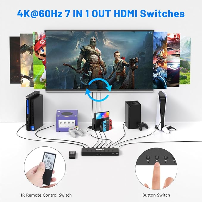 HDMI Switch 7 in 1 Out 4K@60Hz, 7 Port HDMI Switcher Selector Support HDR & HDCP 2.2 & Full 3D Compitable with Nintendo Switch,Xbox PS5/4,Fire Stick,Roku,Apple TV for Gaming & Home Entertainment