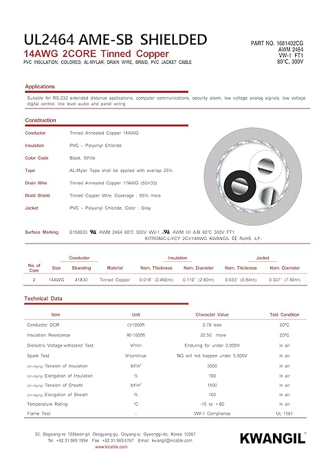 KWANGIL 2C 14AWG AMESB Shielded Cable Wire (UL2464) - Flexible Str TC, PVC Ins, OS+Drain+TC BRD, PVC JKT for CNC Machine, Stepper Motor, VFD Spindle (Gray 100FT)