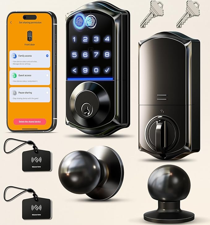 Veise VE017-K Fingerprint Smart Lock with 2 Knobs, App Control, Keyless Entry Front Door Lock with Handle Set, Electronic Digital Touchscreen Keypad Deadbolt, IP55 Waterproof, Auto-Lock, Matte Black