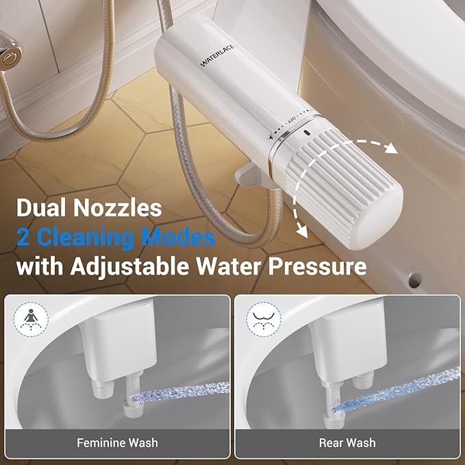 Bidet Attachment for Toilet - Dual Retractable Nozzles Bidet(Hygienic Rear & Feminine Wash) with Adjustable Water Pressure, Ultra Slim Non-Electric Bidet, Easy Installation (White)