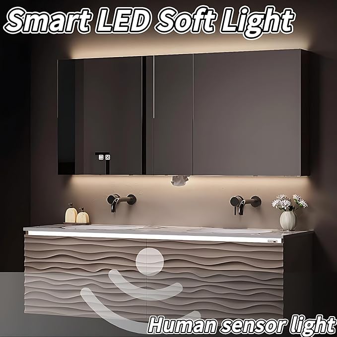 40IN Bathroom Vanity - Smart Defogging Mirror Cabinet | Waterproofing Technology & Wave Shaped Door Panel, Floating Bathroom Vanities with Large Storage Space (Mirror Cabinet)
