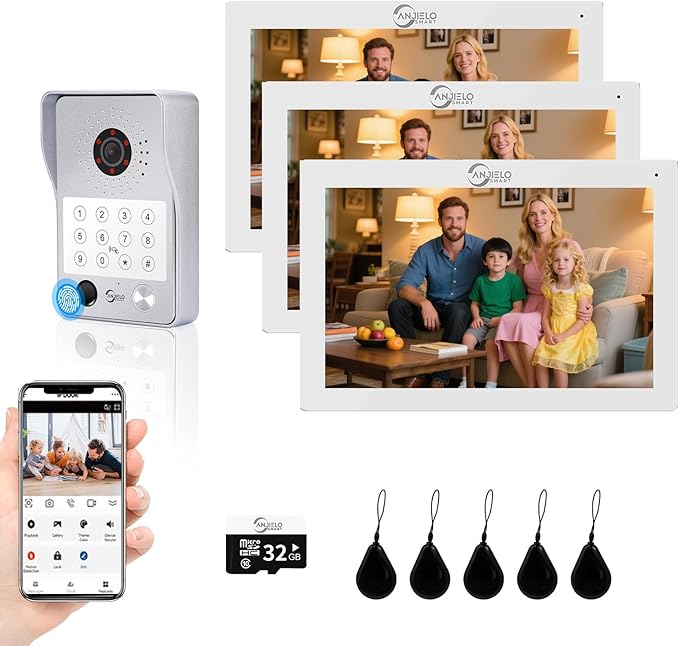 Wired Video Door Phone Apartment Intercom System,7 Inch Touch Monitor with 1080P HD Camera Doorbell,Supporting 5 in 1 Unlocking,Minitoring Motion Detecting for Home Villa,Tuya (1 doorbell + 3 monitor)