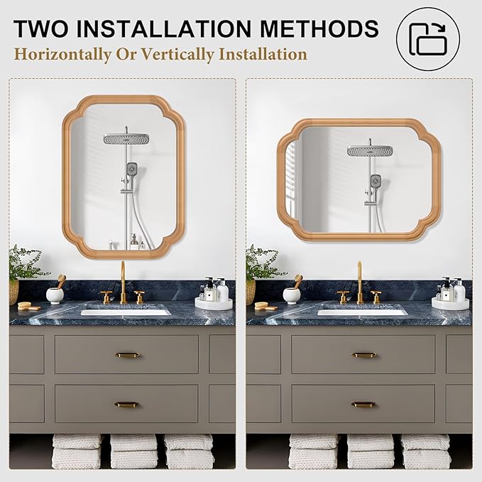 Natural Wood Framed Mirror,18X24 Inch Bathroom Mirror for Over Sink Modern Rounded Corner Rectangle Wall Mounted Mirror (Horizontal/Vertical)