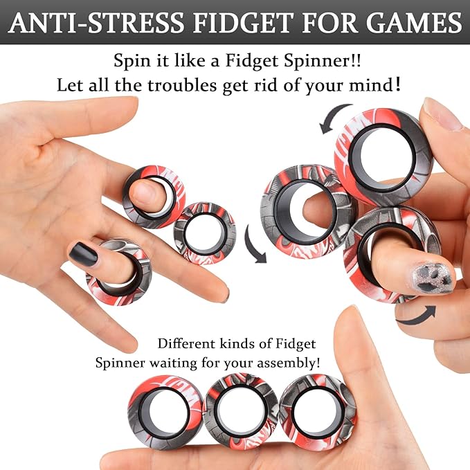 Cevioce 3Pcs Magnetic Rings Fidget Toy Set, Idea ADHD Anxiety Magnetic Fidget Toys Adults Fidget Spinner Rings for Relief, Valentines Day Gifts for 8+ Year Old Teen Boy Girl Easter Basket Stuffers B