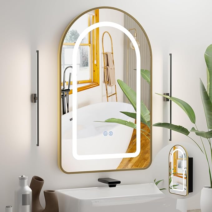 LED Arched Bathroom Medicine Cabinet with Mirror, No Assembly Needed, Recessed or Surface Mount Wall Storage Cabinet, Mirror Cabinet with Tissue Slot (Gold-LED, 31.5" L x 19.7")