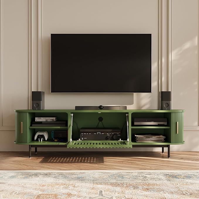 POVISON Fully-Assembled Modern Green TV Stand with Tambour Doors, Fluted TV Media Console for 75 Inch TVs, Sliding Door Entertainment Center with Storage for Living Room (Green, 78.74")