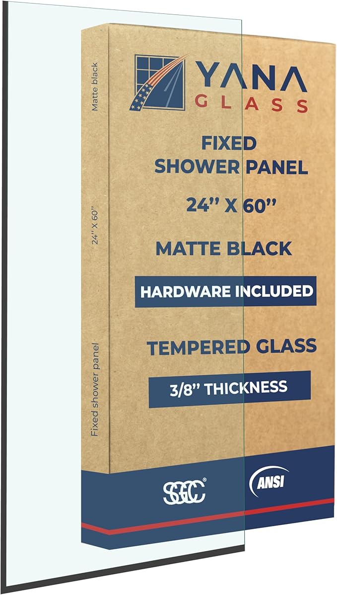 Yana Frameless Shower Door Screen, Fixed Shower Door Panels 3/8" Thick Tempered Glass, Water Repellent, Reversible Shower Wall Panel with Matte Black Finish 24" x 60"