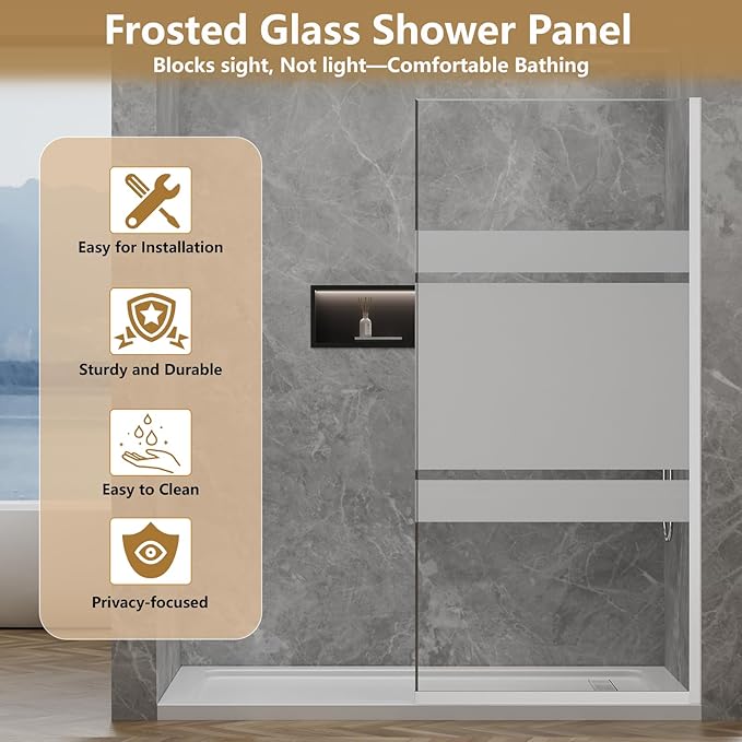 36"x76" Fixed Glass Shower Door, 3/8"(10mm) Thick Mid-Band Frosted Privacy Tempered Glass, Frameless Shower Glass Panel, Shower Screen Half Wall for Walk in Shower, Brushed Nickle