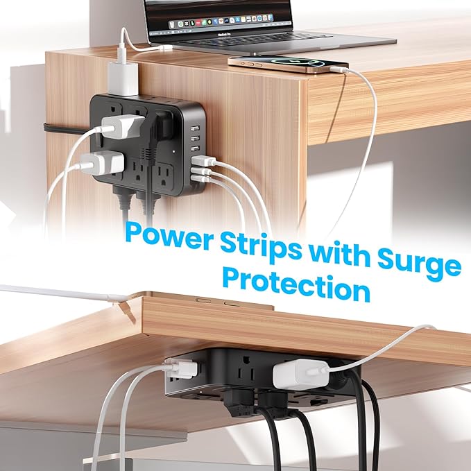 Solidock Flat Plug Power Strip Surge Protector with 12 AC Outlets 6 USB Ports 3 Side Multi Plug Outlet Extender 15 Ft Extension Cord for Home Office Kitchen Dorm Wall Desk Charging Station ETL Listed