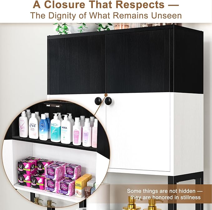 Over the Toilet Storage Cabinet - Freestanding Bathroom Organizer Shelf with Doors, Black & White Over the Toilet Shelves that Separates Wet and Dry Areas, Privacy Protection Above Toilet Storage Rack