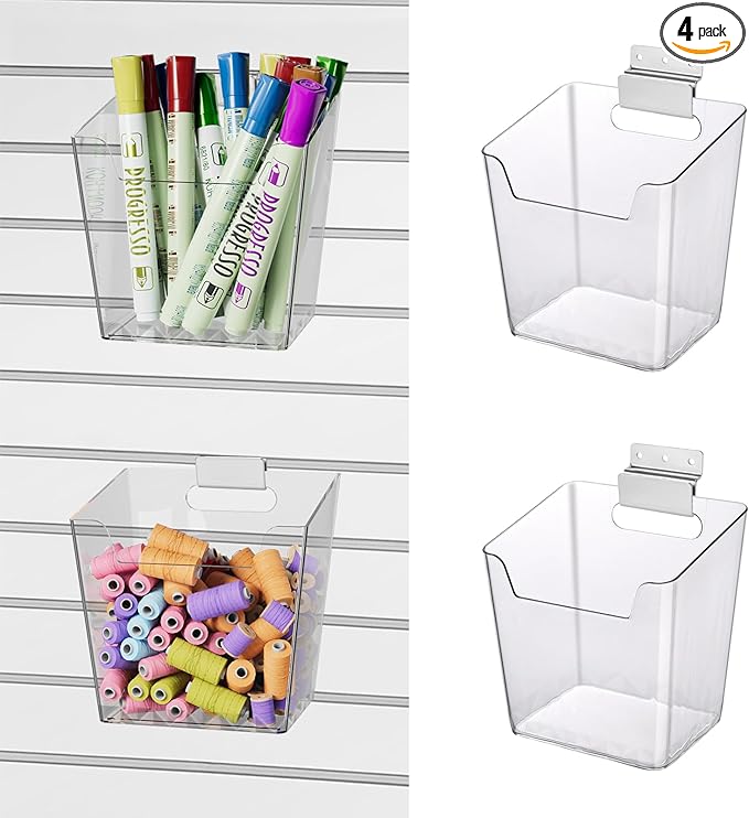 Clear Slatwall Bins, 4 Pack Slat Wall Accessories Cups Hooks Assemble Set Fit Most Slat Board Storage Systems Transparent Display Hanging Holder Organizers for Garage Shed Office Craft Tool (Small)